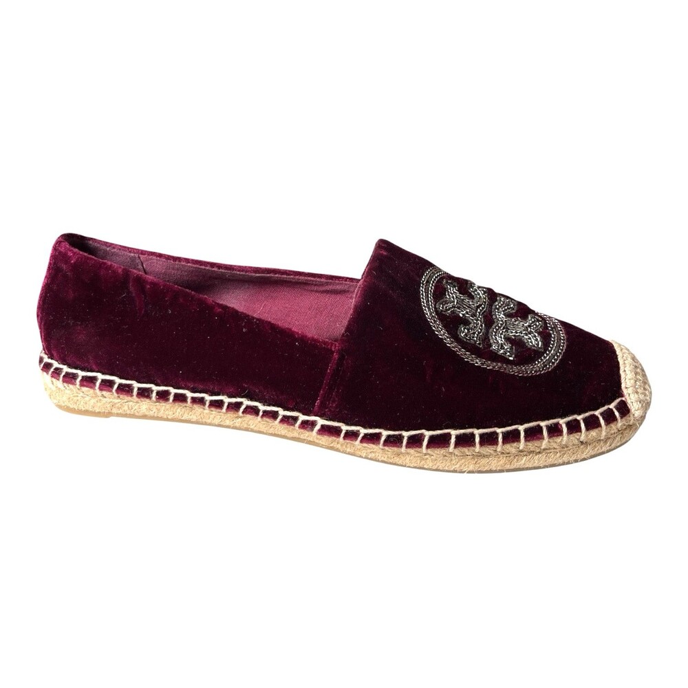 Tory Burch Espadrilles Burgundy Velvet Metal Chain Bead Logo Flats Size 8 - Picture 2 of 5